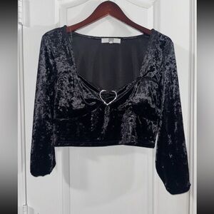 Black velvet crop top diamond heart